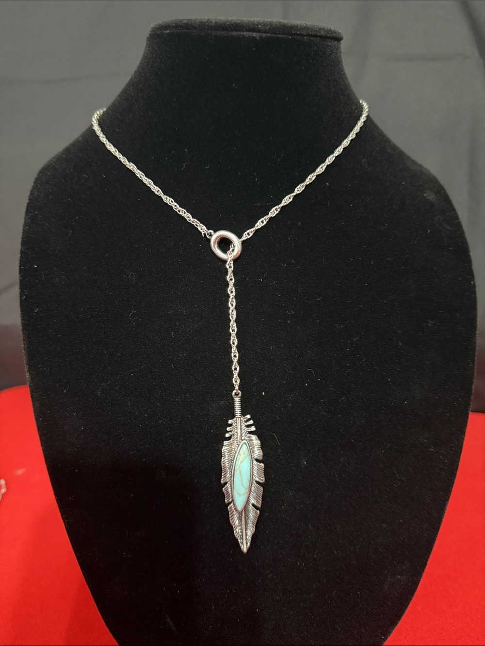 Sterling-Tone Feather Lariat Necklace with Turquoise Accent